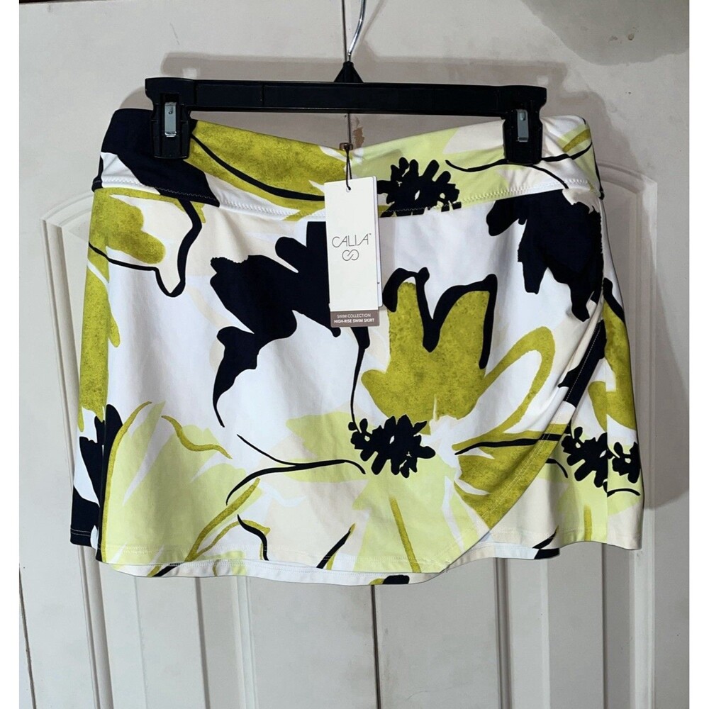 CALIA Women Medium High Rise Swim Skirt Green Multi Floral Lycra NWT $38